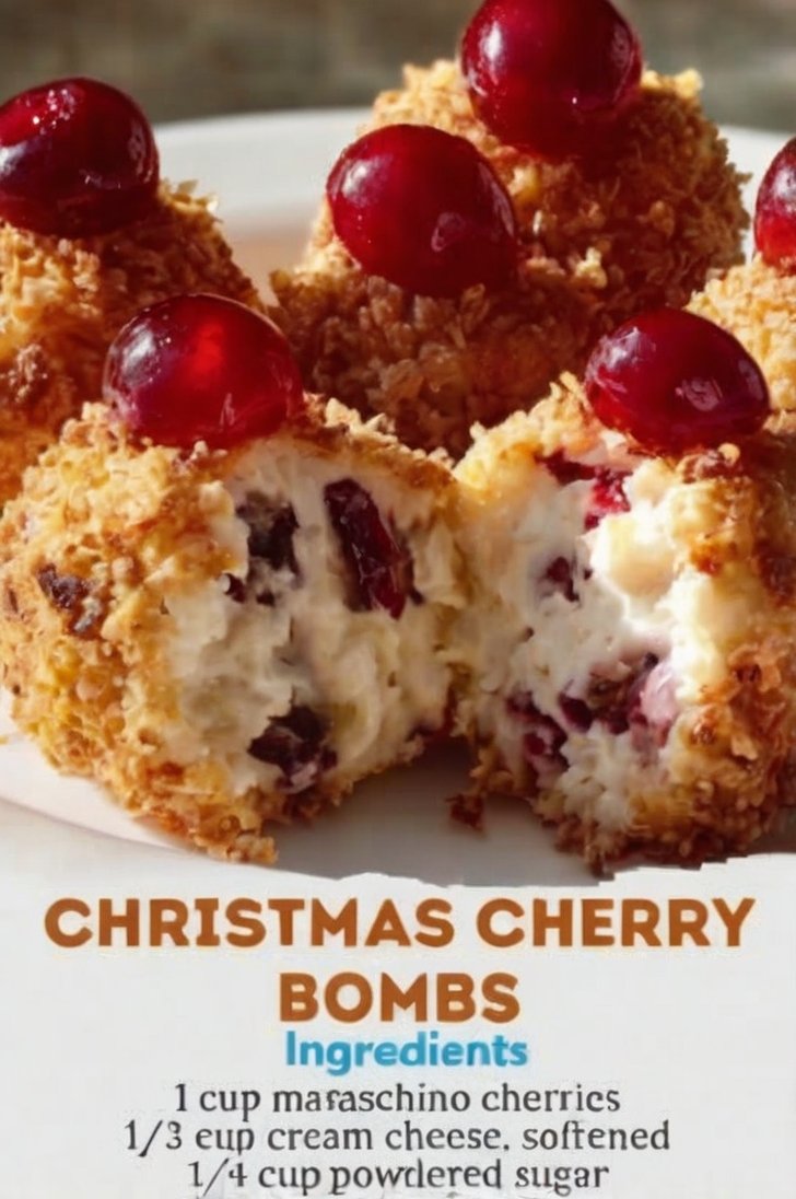 A festive platter of bite-sized cherry coconut treats, with creamy white centers speckled with cherries, coated in toasted golden coconut, and topped with bright red maraschino cherries.