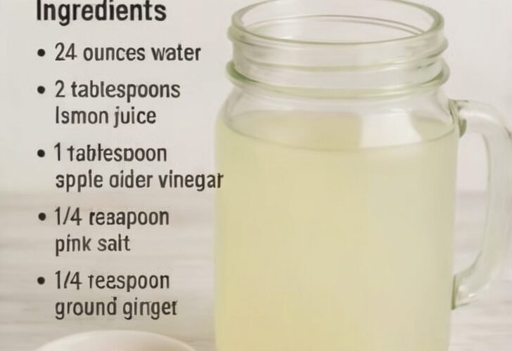 A refreshing homemade lemon hydration drink with ginger and a pinch of pink Himalayan salt, served chilled in a clear glass with fresh lemon slices and a bright, clean presentation.
