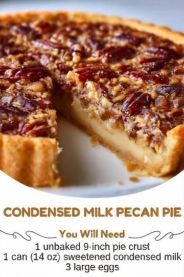 A homemade pecan pie with a golden, flaky crust, rich silky caramel-like filling, and a glossy layer of toasted pecan halves arranged across the top.