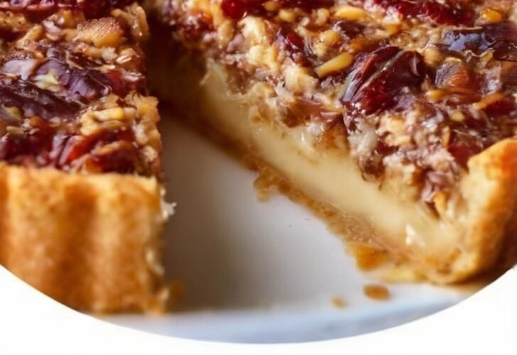 A homemade pecan pie with a golden, flaky crust, rich silky caramel-like filling, and a glossy layer of toasted pecan halves arranged across the top.