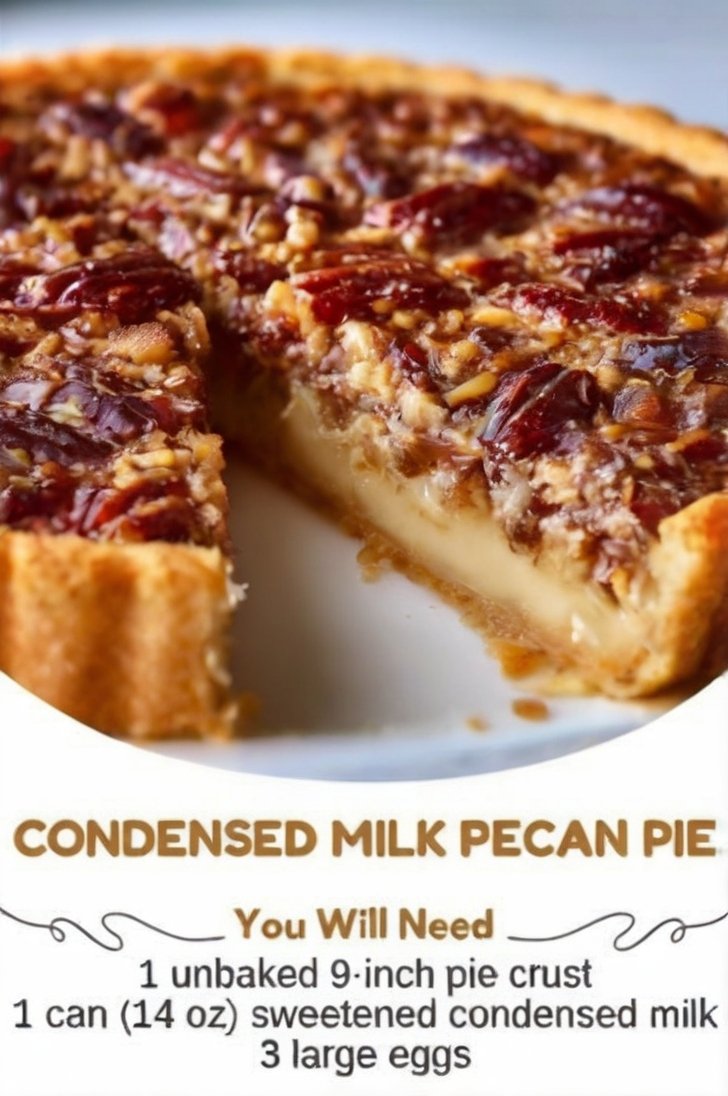 A homemade pecan pie with a golden, flaky crust, rich silky caramel-like filling, and a glossy layer of toasted pecan halves arranged across the top.