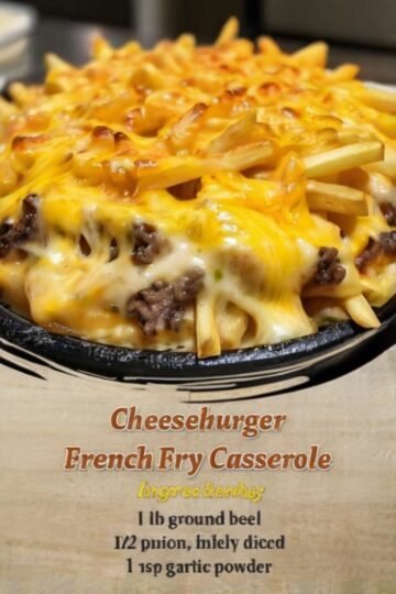 A hearty cheeseburger casserole topped with crispy golden French fries and melted cheddar cheese, with creamy seasoned ground beef layered underneath and served hot from a baking dish.