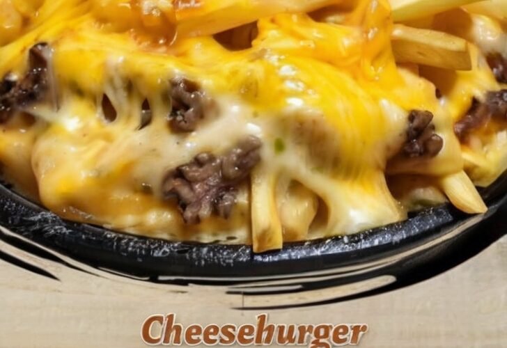 A hearty cheeseburger casserole topped with crispy golden French fries and melted cheddar cheese, with creamy seasoned ground beef layered underneath and served hot from a baking dish.