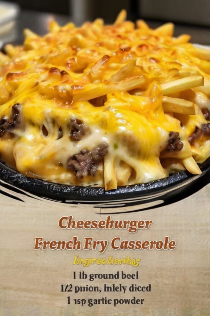 A hearty cheeseburger casserole topped with crispy golden French fries and melted cheddar cheese, with creamy seasoned ground beef layered underneath and served hot from a baking dish.