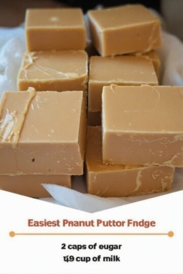 A stack of old-fashioned 3-ingredient peanut butter fudge cut into neat squares with a smooth, creamy texture and a light fudge crumble. The rich peanut butter fudge is arranged on parchment paper atop a rustic wooden board, with a few pieces broken open to show the soft interior. Photographed in warm natural light for a cozy homemade holiday candy presentation.