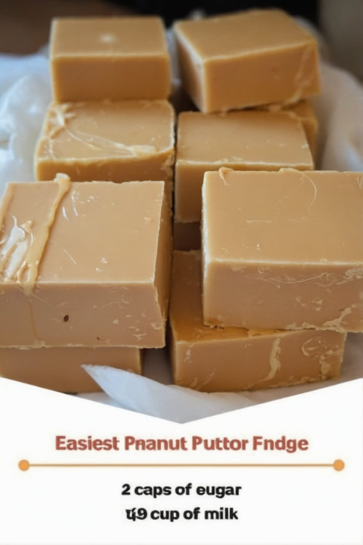 A stack of old-fashioned 3-ingredient peanut butter fudge cut into neat squares with a smooth, creamy texture and a light fudge crumble. The rich peanut butter fudge is arranged on parchment paper atop a rustic wooden board, with a few pieces broken open to show the soft interior. Photographed in warm natural light for a cozy homemade holiday candy presentation.