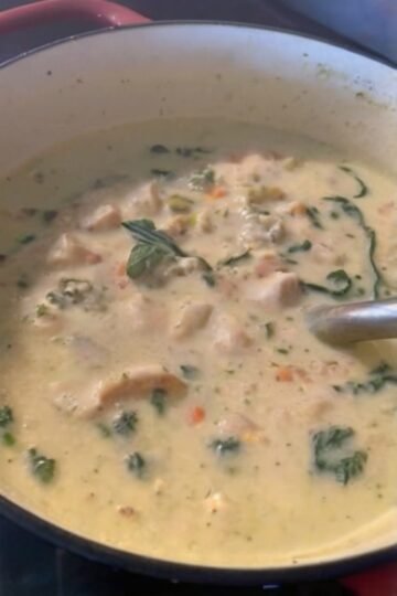 Creamy chicken gnocchi soup with tender chicken, soft potato gnocchi, spinach, carrots, celery, and herbs in a rich, comforting broth.