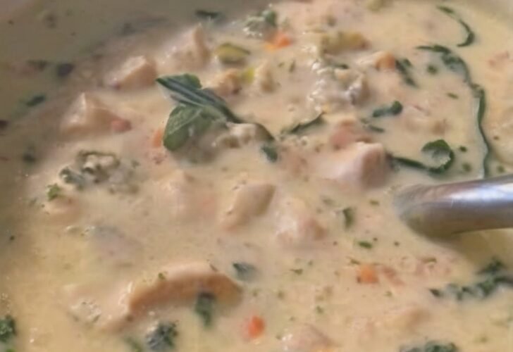 Creamy chicken gnocchi soup with tender chicken, soft potato gnocchi, spinach, carrots, celery, and herbs in a rich, comforting broth.