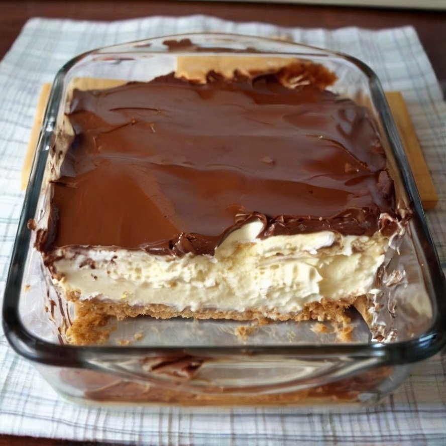 A close-up of a no-bake chocolate éclair cake in a glass baking dish, featuring layers of soft graham crackers, fluffy vanilla cream filling, and a thick, glossy chocolate fudge topping spread across the surface.