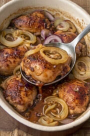 Juicy baked chicken thighs served over tender caramelized sweet onion rings, coated in a glossy savory-sweet sauce. A simple 3-ingredient chicken dinner in a white baking dish.