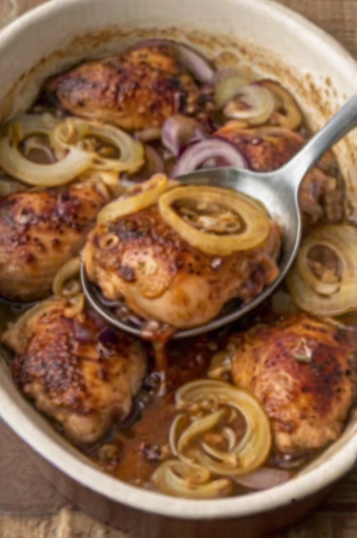 Juicy baked chicken thighs served over tender caramelized sweet onion rings, coated in a glossy savory-sweet sauce. A simple 3-ingredient chicken dinner in a white baking dish.