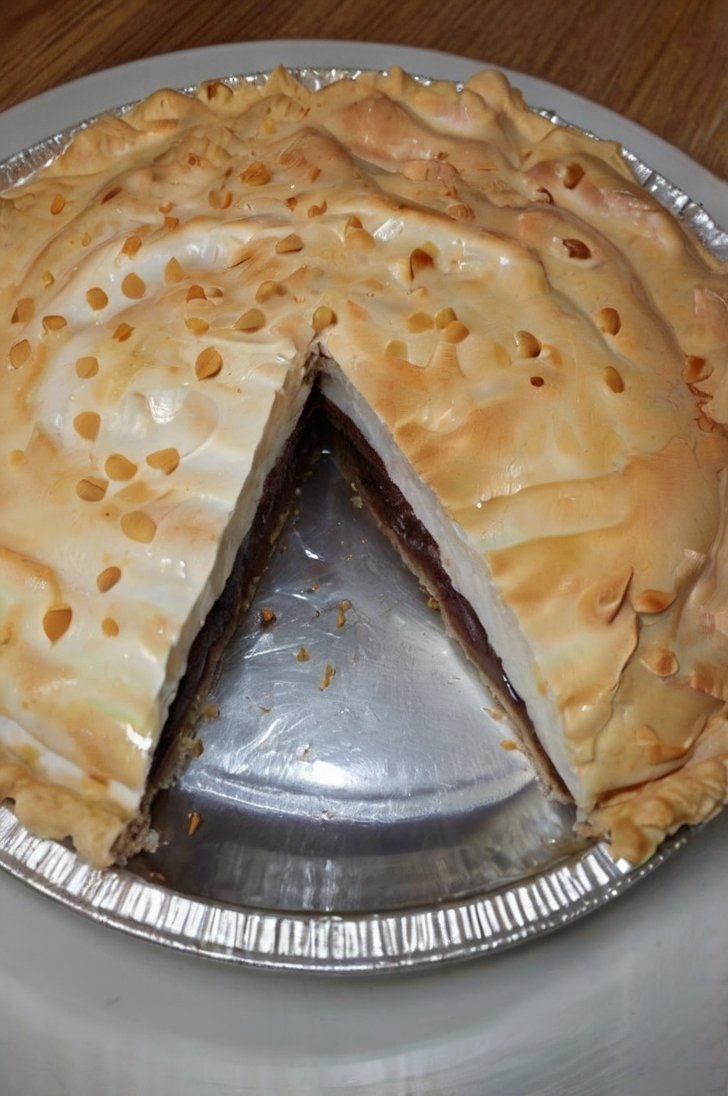 A homemade chocolate meringue pie in a foil pan, topped with a thick layer of golden-brown meringue and caramelized droplets, with a slice removed to reveal the rich chocolate filling and crust underneath.