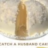 Catch a Husband Cake, a moist white coconut cake topped with fluffy shredded coconut and creamy frosting, shown with the recipe ingredients below.