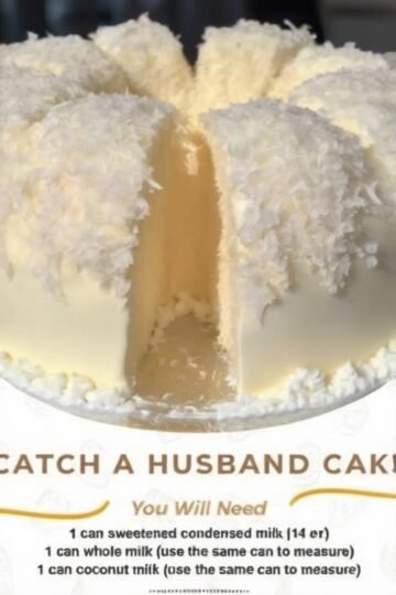 Catch a Husband Cake, a moist white coconut cake topped with fluffy shredded coconut and creamy frosting, shown with the recipe ingredients below.