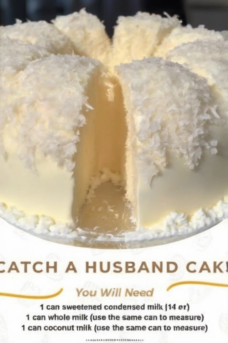 Catch a Husband Cake, a moist white coconut cake topped with fluffy shredded coconut and creamy frosting, shown with the recipe ingredients below.