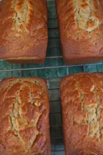 Moist homemade banana nut bread loaf, golden brown on top and filled with ripe banana flavor and chopped walnuts or pecans, sliced and ready to serve.