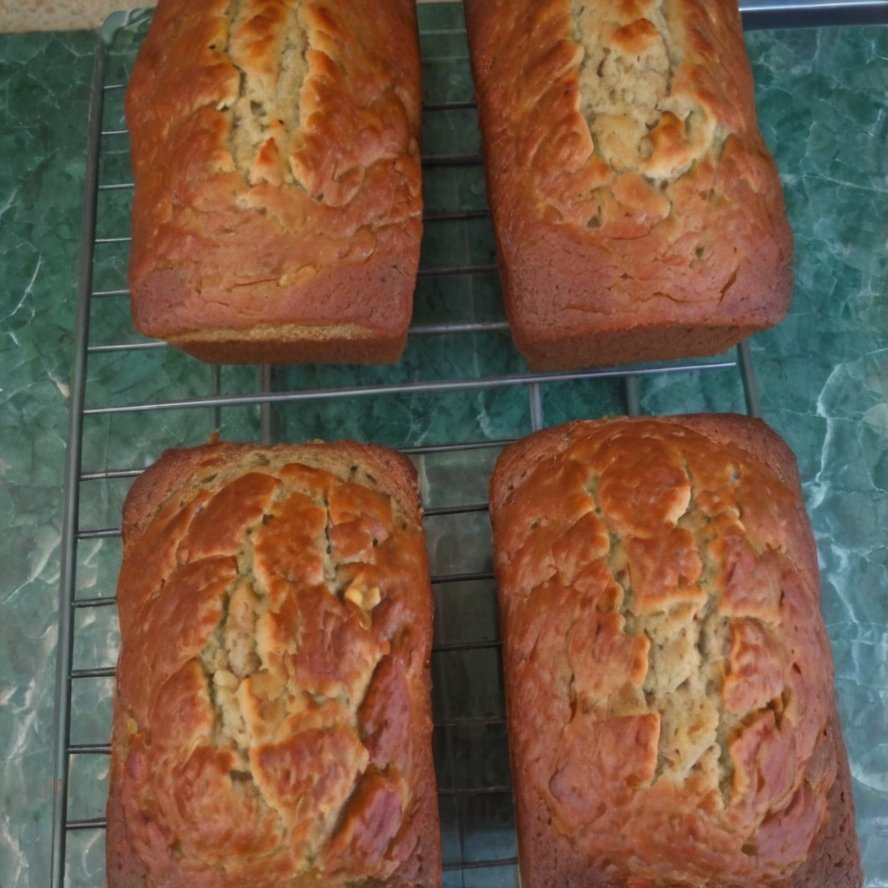 Moist homemade banana nut bread loaf, golden brown on top and filled with ripe banana flavor and chopped walnuts or pecans, sliced and ready to serve.