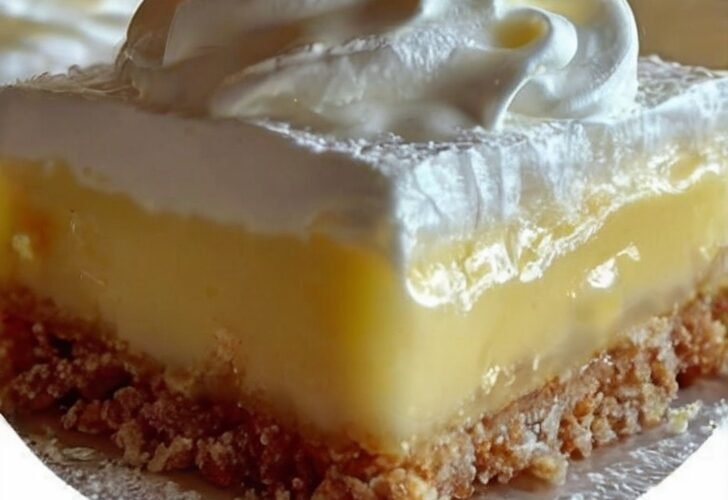 A close-up of a creamy lemon pie bar with a buttery golden crumb crust, topped with fluffy whipped cream and a fresh lemon slice. The lemon filling is smooth, bright yellow, and slightly glossy, with powdered sugar dusted around the edges.