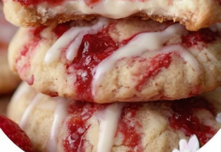 Soft strawberry cheesecake cookies with a golden sugar-cookie exterior, creamy sweet-tangy cream cheese filling, and a pocket of strawberry jam in the center. The cookies are drizzled with a smooth white vanilla glaze for a bakery-style finish.