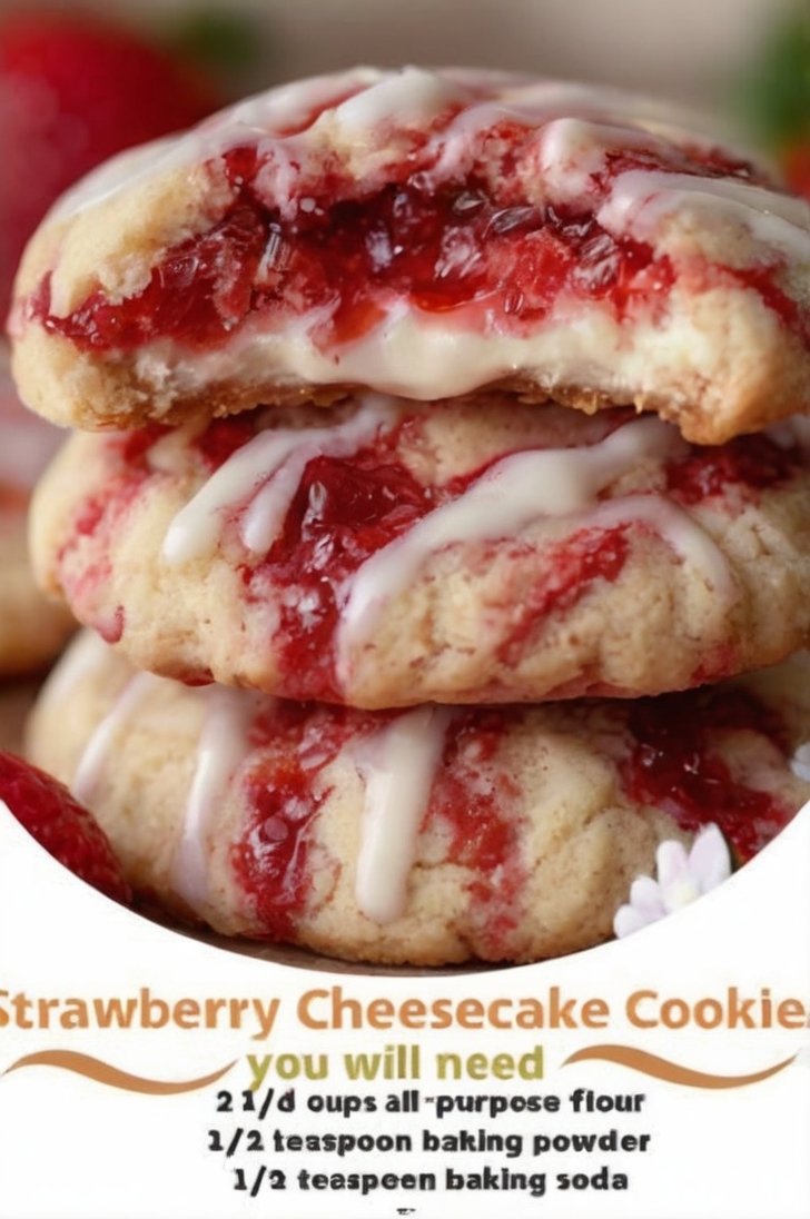 Soft strawberry cheesecake cookies with a golden sugar-cookie exterior, creamy sweet-tangy cream cheese filling, and a pocket of strawberry jam in the center. The cookies are drizzled with a smooth white vanilla glaze for a bakery-style finish.