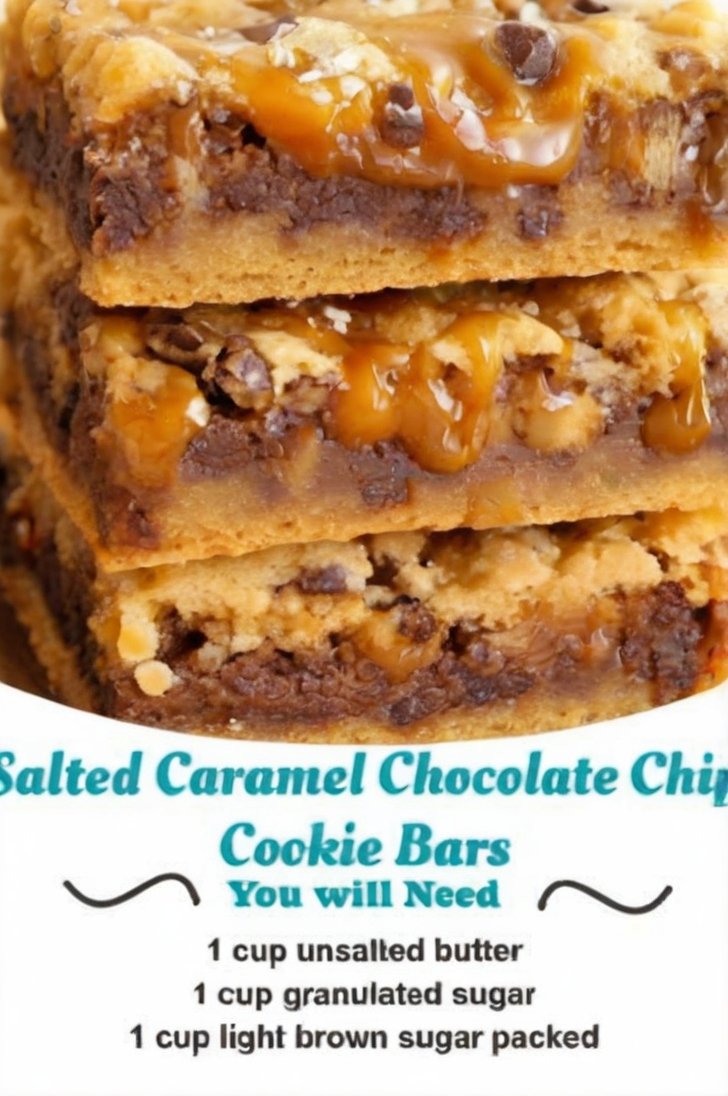 Stacked salted caramel chocolate chip cookie bars with a chewy golden cookie base, melted chocolate chips, gooey caramel drizzle, and flaky sea salt on top.