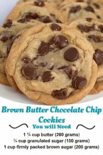 Freshly baked brown butter chocolate chip cookies with golden crispy edges, soft chewy centers, and plenty of melted chocolate chips.