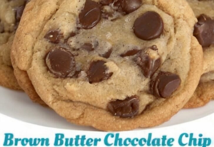 Freshly baked brown butter chocolate chip cookies with golden crispy edges, soft chewy centers, and plenty of melted chocolate chips.