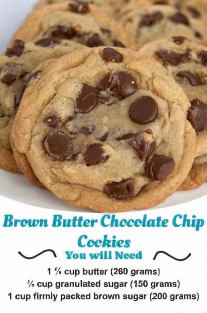 Freshly baked brown butter chocolate chip cookies with golden crispy edges, soft chewy centers, and plenty of melted chocolate chips.