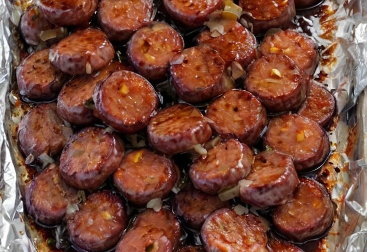 A tray of sliced kielbasa sausage bites coated in a glossy, dark caramelized brown sugar glaze. The sausage pieces are deeply browned and slightly crisp around the edges, with a sticky, shiny coating.