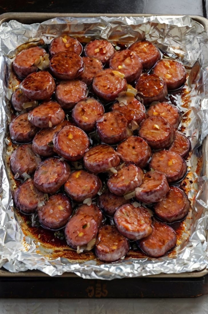 A tray of sliced kielbasa sausage bites coated in a glossy, dark caramelized brown sugar glaze. The sausage pieces are deeply browned and slightly crisp around the edges, with a sticky, shiny coating.
