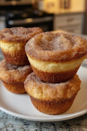 Soft, golden cinnamon sugar donut muffins with buttery tops, freshly baked and coated in sweet cinnamon sugar.