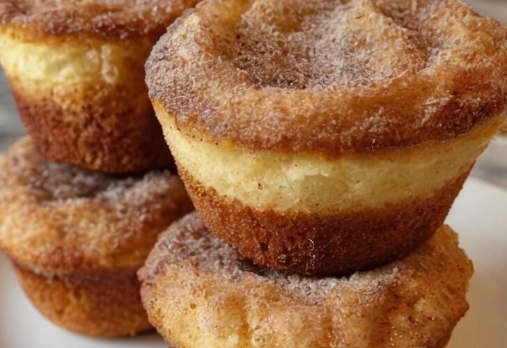 Soft, golden cinnamon sugar donut muffins with buttery tops, freshly baked and coated in sweet cinnamon sugar.