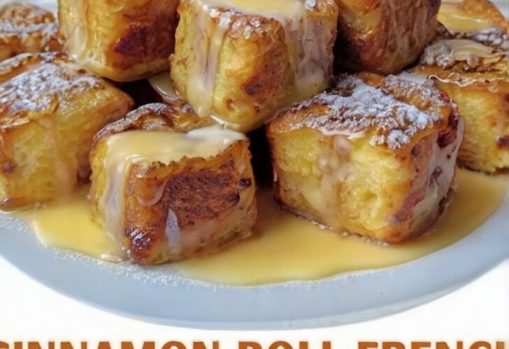 A plate of golden-brown cinnamon roll French toast bites stacked high, with soft cinnamon swirls inside, dusted with powdered sugar and generously drizzled with creamy icing and maple syrup.