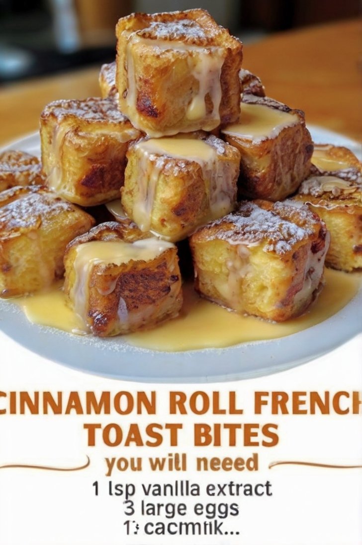 A plate of golden-brown cinnamon roll French toast bites stacked high, with soft cinnamon swirls inside, dusted with powdered sugar and generously drizzled with creamy icing and maple syrup.
