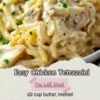 Creamy chicken tetrazzini with tender chicken, spaghetti, mushrooms, Parmesan, and melted mozzarella in a rich, savory sauce, garnished with fresh parsley.