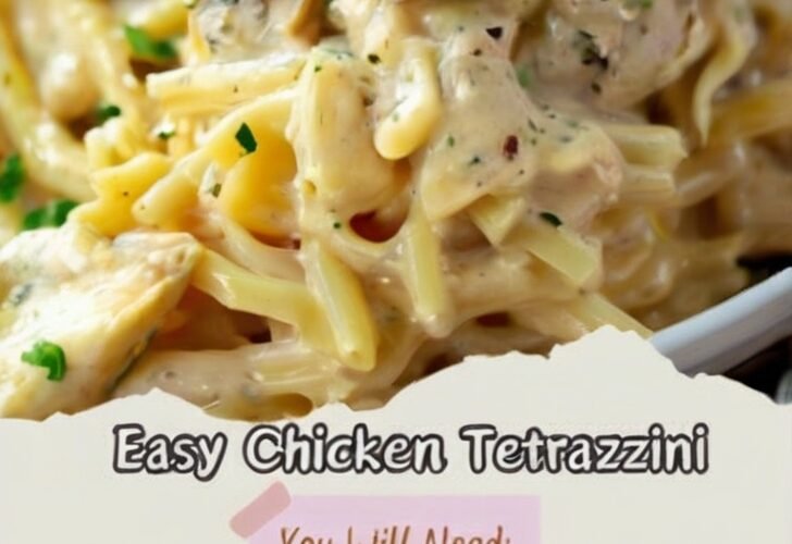 Creamy chicken tetrazzini with tender chicken, spaghetti, mushrooms, Parmesan, and melted mozzarella in a rich, savory sauce, garnished with fresh parsley.