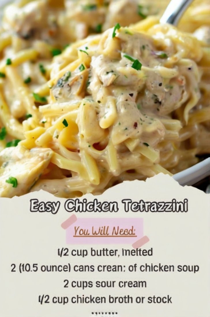 Creamy chicken tetrazzini with tender chicken, spaghetti, mushrooms, Parmesan, and melted mozzarella in a rich, savory sauce, garnished with fresh parsley.