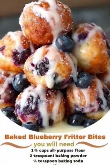 Golden-brown baked blueberry fritter bites filled with juicy fresh blueberries and topped with a sweet vanilla glaze. The small, soft and pillowy treats have lightly crisp edges and tender fruity centers, making them perfect for breakfast or dessert.