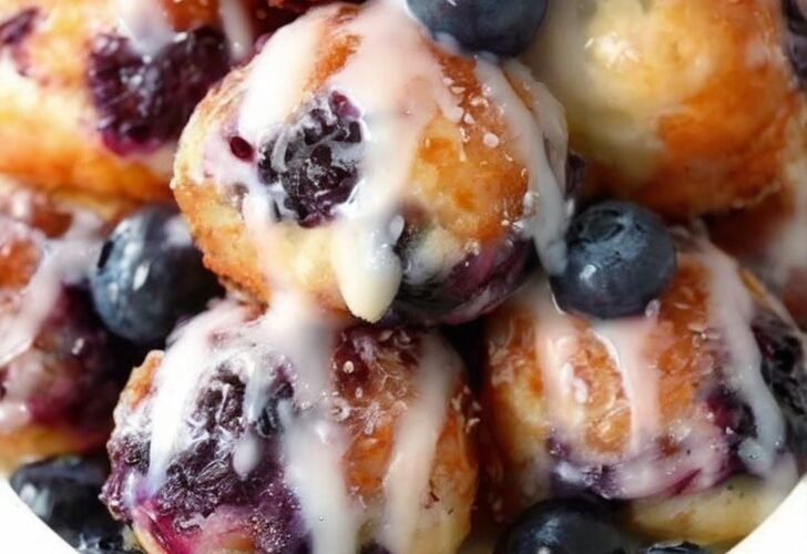 Golden-brown baked blueberry fritter bites filled with juicy fresh blueberries and topped with a sweet vanilla glaze. The small, soft and pillowy treats have lightly crisp edges and tender fruity centers, making them perfect for breakfast or dessert.
