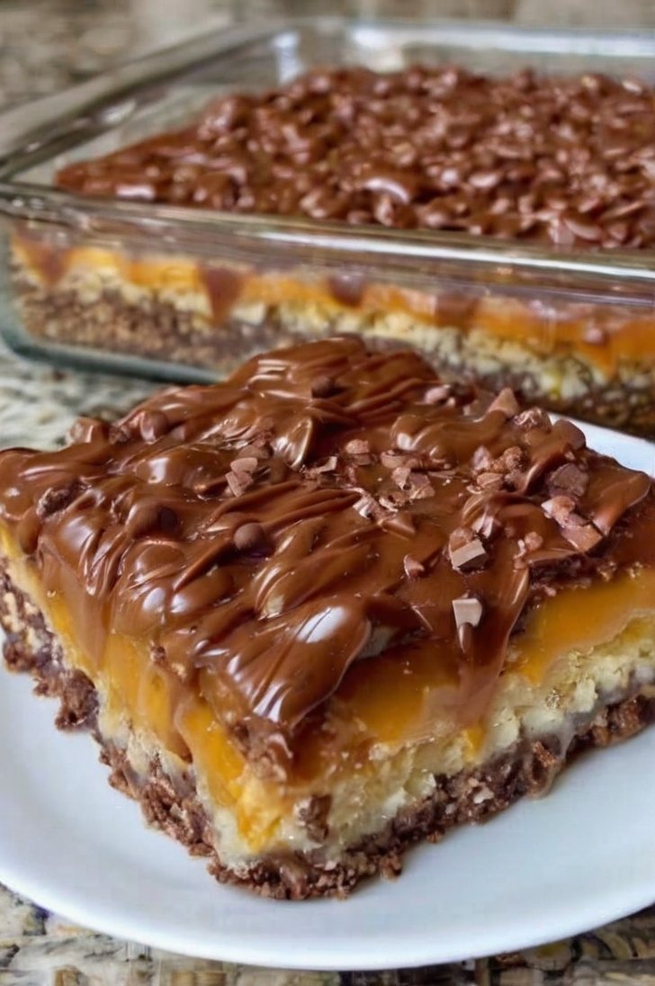 Chocolate caramel pretzel bars with a crunchy pretzel crust, chewy caramel layer, and smooth chocolate topping, cut into rich dessert squares.