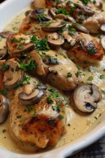 Creamy garlic mushroom chicken topped with sautéed mushrooms and fresh parsley, served in a rich, savory cream sauce.