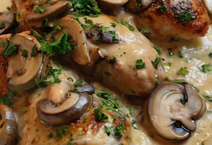 Creamy garlic mushroom chicken topped with sautéed mushrooms and fresh parsley, served in a rich, savory cream sauce.