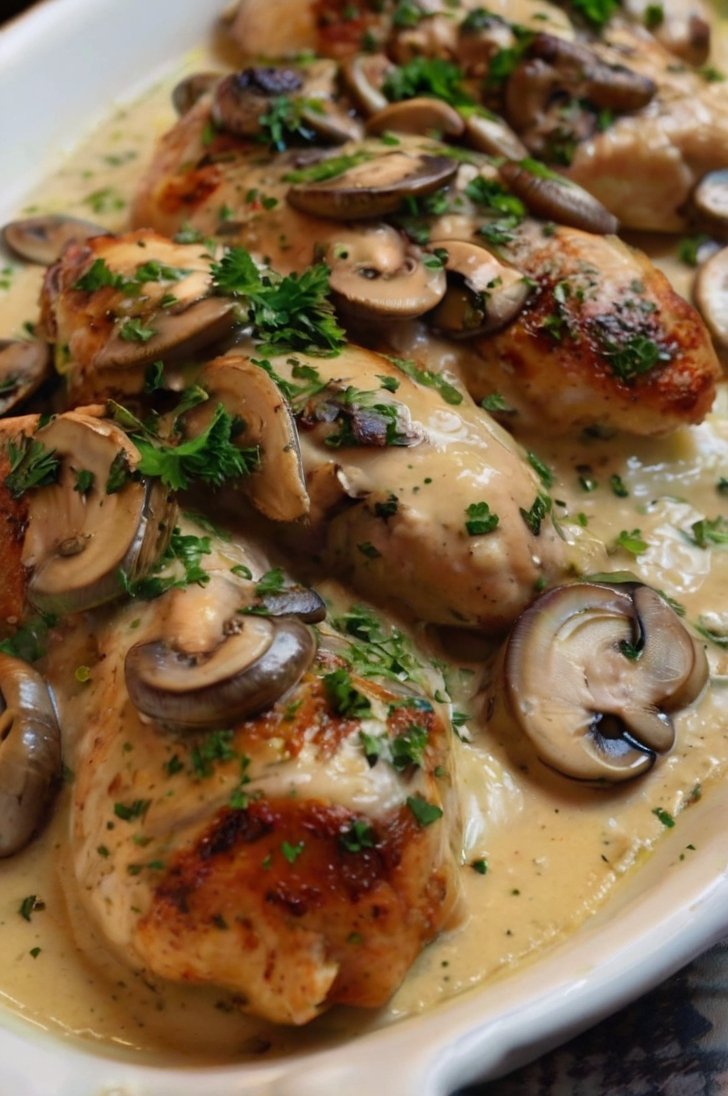 Creamy garlic mushroom chicken topped with sautéed mushrooms and fresh parsley, served in a rich, savory cream sauce.