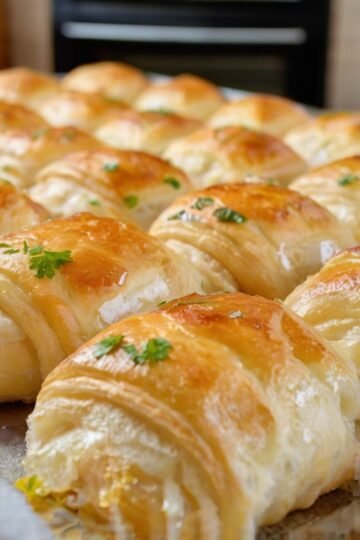 Freshly baked golden crescent-shaped dinner rolls with flaky layers, brushed with butter and garnished with fresh parsley, arranged on a baking tray.