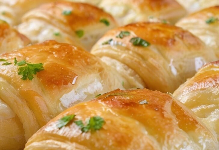 Freshly baked golden crescent-shaped dinner rolls with flaky layers, brushed with butter and garnished with fresh parsley, arranged on a baking tray.