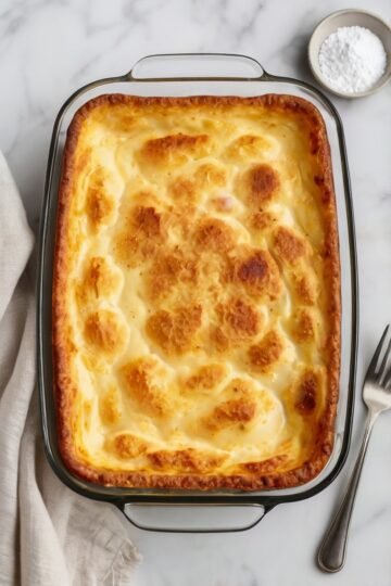 Golden, fluffy 3-ingredient baked breakfast casserole served in a glass baking dish, with a lightly browned top and soft, airy center.