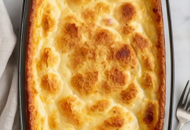 Golden, fluffy 3-ingredient baked breakfast casserole served in a glass baking dish, with a lightly browned top and soft, airy center.