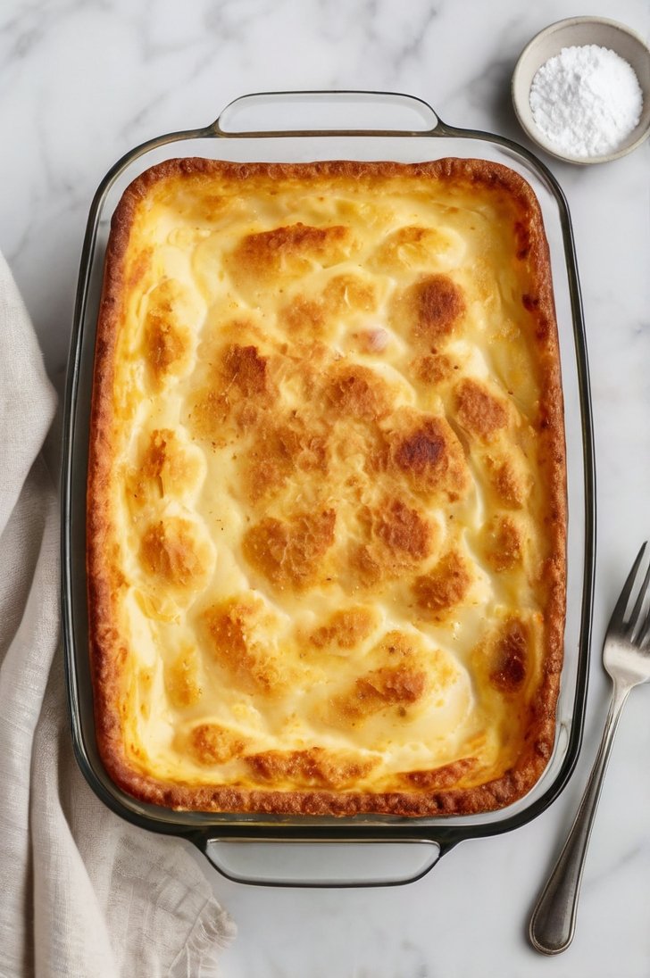 Golden, fluffy 3-ingredient baked breakfast casserole served in a glass baking dish, with a lightly browned top and soft, airy center.