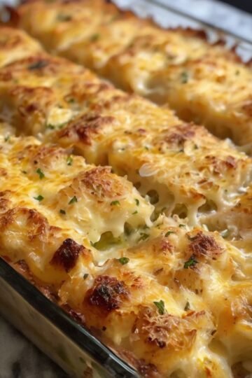 A close-up of a cheesy hashbrown casserole in a rectangular baking dish, with tender shredded potatoes covered in melted golden cheddar cheese and a crispy browned topping. Small flecks of fresh parsley garnish the bubbly, golden surface.