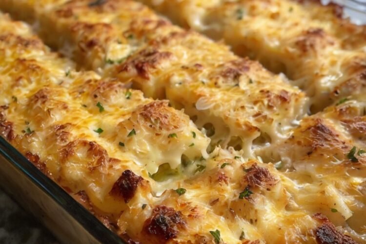 A close-up of a cheesy hashbrown casserole in a rectangular baking dish, with tender shredded potatoes covered in melted golden cheddar cheese and a crispy browned topping. Small flecks of fresh parsley garnish the bubbly, golden surface.